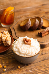 Traditional food for Festa Junina (June Festival) on wooden table, closeup