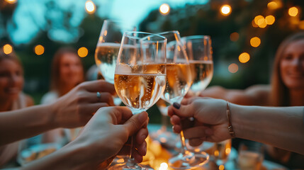 People cheers, making toasts with wine and champagne glasses at a party celebration with friends enjoy a warm summer evening - Powered by Adobe