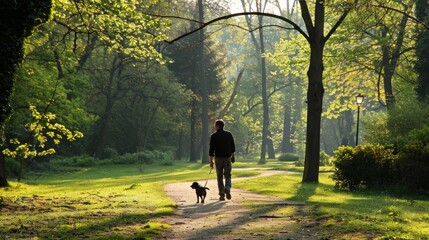 a man is walking with his pet