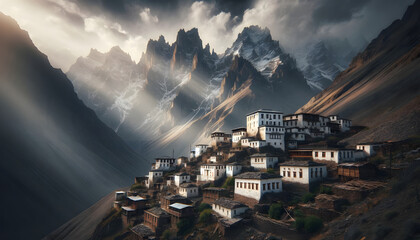 an ancient village perched on rugged mountain slopes. The buildings are traditional, with white walls and flat roofs