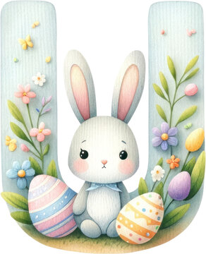 Easter Bunny Alphabet Letters "U" Illustration with cute bunny and egg decorations, ideal for festive designs.