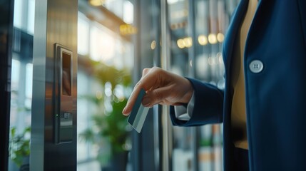 Businessperson using access card, secure entry, modern office, technology, corporate, professionalism