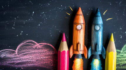 Rocket painted on chalkboard, Back to school concept background