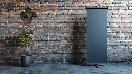 roll up mockup poster stand in against classic brick wall environment as wide banner design with blank empty copy space area