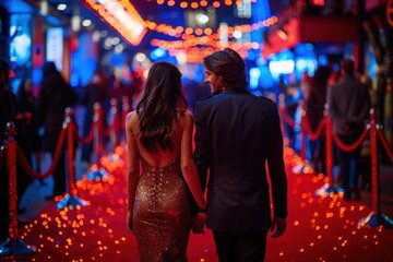 A couple walks hand-in-hand on a red carpet at a glamorous event, surrounded by festive lights. man and woman Celebrities Walk the Red Carpet at Movie Premiere