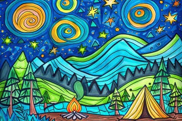 Cartoon cute doodles of a family camping trip, with tents, campfires, and roasting marshmallows under the stars, Generative AI