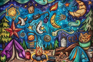 Fototapeta premium Cartoon cute doodles of a family camping trip, with tents, campfires, and roasting marshmallows under the stars, Generative AI