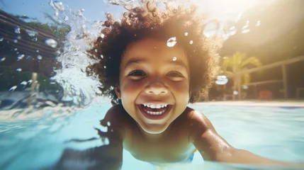 Fotobehang Cute smiling child having fun swimming and diving in the pool at the resort on summer vacation. Sun shines under water and sparkling water reflection. Activities and sports to happy kid © pinkrabbit