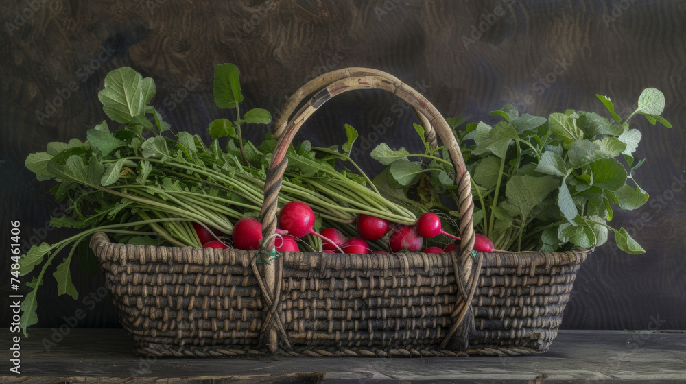 Poster a handful of plump red radishes with their stems still attached create a colorful array in a traditi
