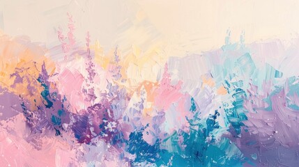 Abstract impressionistic painting with pastel brushstrokes depicting a floral landscape. - obrazy, fototapety, plakaty