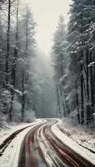 Road on winter forest background. christmas and snow