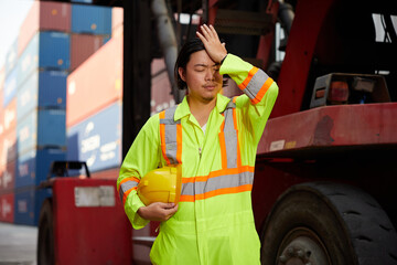 technician or worker have a headache and feeling tired from work in containers warehouse storage