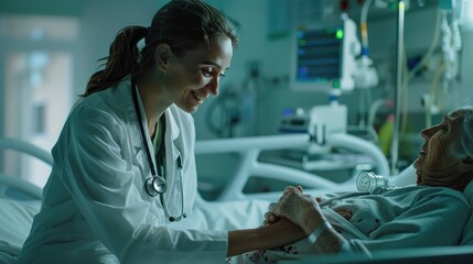 Female doctor holding patient's hand. Helping hand concept.