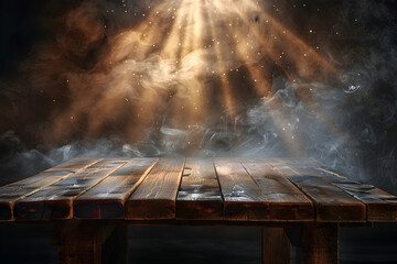 empty wooden table with Faint smoke have beams of light shining on top dark background 7