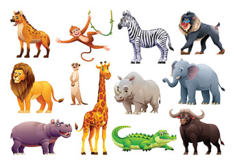 Fototapeta premium Set of african wild animals. Vector cartoon illustration