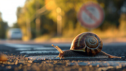 Schnecke Igel Schildkröte im Straßenverkehr als Symbol für ein Tempolimit in Deutschland lustige Symbolisierung Sarkasmus Generative AI - obrazy, fototapety, plakaty