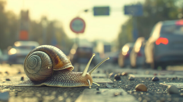 Schnecke Igel Schildkr&ouml;te im Stra&szlig;enverkehr als Symbol f&uuml;r ein Tempolimit in Deutschland lustige Symbolisierung Sarkasmus Generative AI