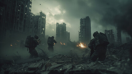In a war-torn city of the future, soldiers engage in intense combat amidst crumbling