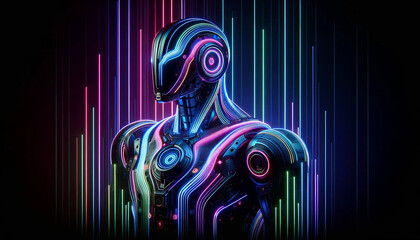 A robot designed with a futuristic flair, illuminated by an array of neon lights in a spectrum of colors against a dark background