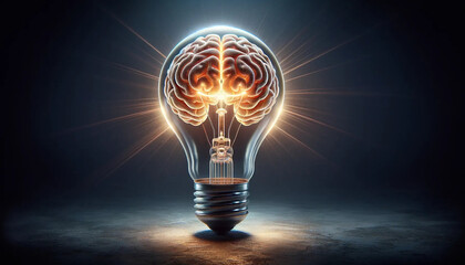 A lightbulb illuminated from within, casting a bright glow. Inside the lightbulb, a detailed brain