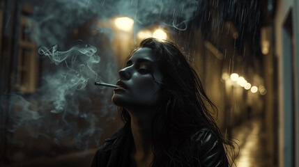 Cinematic, Noir Photography, 'In a rainy alleyway, a femme fatale smokes a cigarette