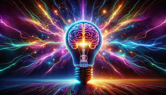 A lightbulb exploding in vibrant neon colors, showcasing a visibly detailed human brain inside wallpaper background