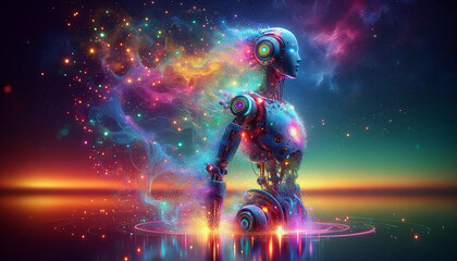 A vibrant, highly detailed AI robot in the midst of transformation, its body seamlessly blending into a swirl of colorful air particles