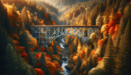 A picturesque autumn scene featuring a vintage steel truss bridge extending over a deep gorge surrounded by a dense forest in full fall foliage - obrazy, fototapety, plakaty