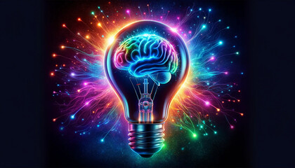 A lightbulb, brightly lit from within, containing a detailed human brain, set against a neon-colored background