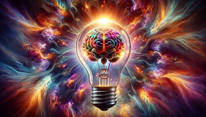 A lightbulb illuminated from within, with a highly detailed human brain encased inside representing creativity and ideas