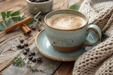 Fotobehang Latte Art and Aroma on a Rustic Table © AI Artisan