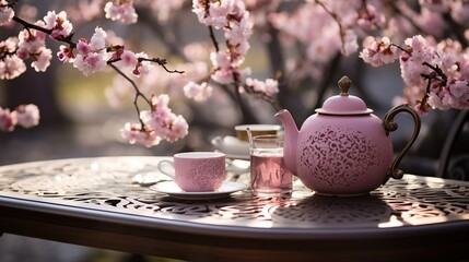 Tea table in a blooming cherry blossom grove, spring dawn - obrazy, fototapety, plakaty