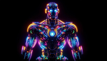 A robot illuminated by a kaleidoscope of neon lights against a pitch-black background