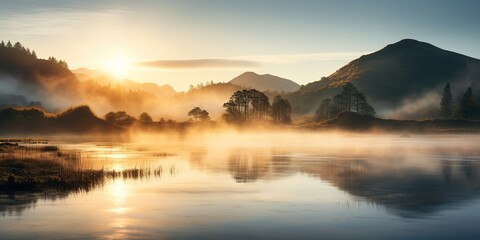 Obraz premium Sunrise over a misty lake with gentle hills in the background