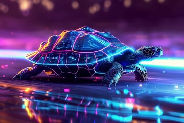 Futuristic turtle with turbo speed neon lights tracing its swift path