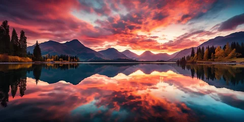 Foto op Canvas Highlight the fiery sunset hues painting the sky and mountains © Dament
