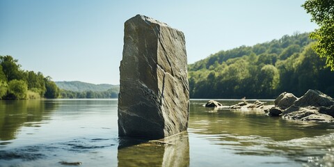The special thing about this stone monument on the river bank is that it has comparative lines - obrazy, fototapety, plakaty