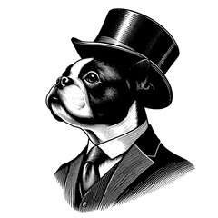 Boston terrier dog in top hat and suit. Pen and ink drawing. Vector illustration isolated on white. Vintage engraving style.