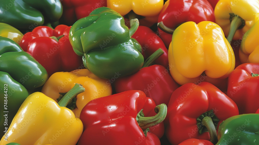 Poster a colorful display of bell peppers ranging from deep greens to vibrant yellows and ruby reds each on