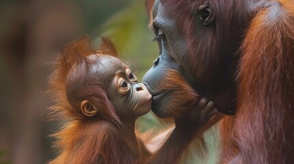 A mother and baby orangutan share a tender moment in a protected rainforest illustrating the impact of wildlife protection projects in safeguarding endangered species and
