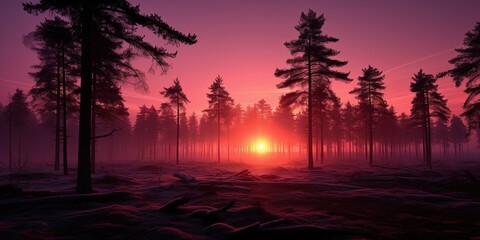 Fototapeta na wymiar Wintertime crimson sunrise over a peaceful pine woodland