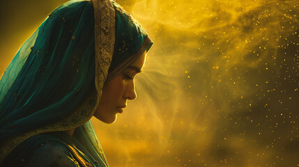 Portrait of a beautiful girl in a blue veil against the background of yellow smoke - Powered by Adobe