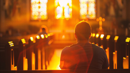 Silhouette of a man sitting in a church at sunset. - obrazy, fototapety, plakaty