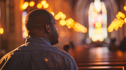 Fototapeta premium Side view of a young black man praying in the catholic church