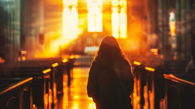 Silhouette of a woman walking in the church at sunset.