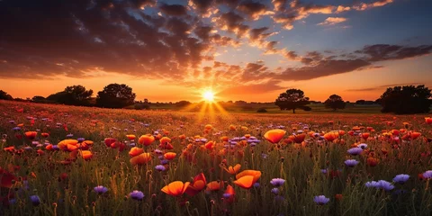 Gordijnen Sunset over a vibrant field of wildflowers in the countryside © Dament