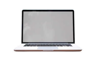 Laptop computer placed on a wooden table. Work equipment. Easy to carry. Work anywhere, anytime with a laptop computer. Isolated on transparent background.