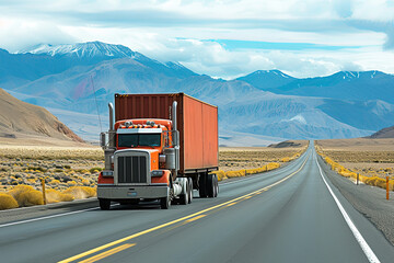 Truck carrying a container on the road - obrazy, fototapety, plakaty