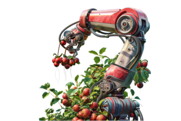 Fruit-picking robots work in smart farms: IoT technology in highly efficient agriculture Isolated on a transparent background.