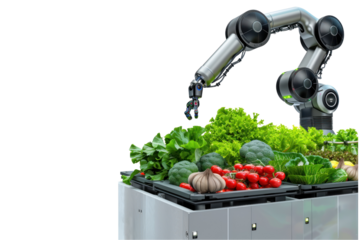 Fruit-picking robots work in smart farms: IoT technology in highly efficient agriculture Isolated on a transparent background.